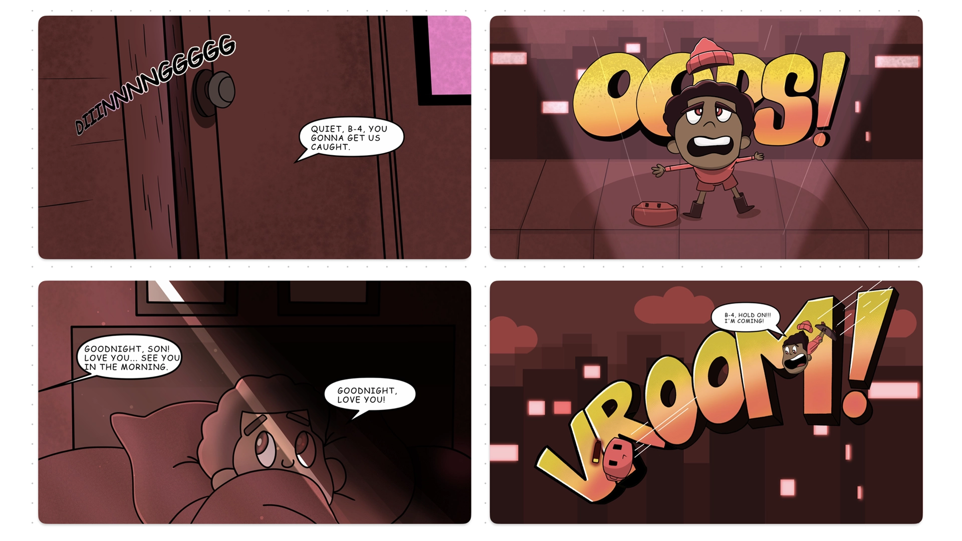 Storyboard and sequential visual development for Caiden's Courage