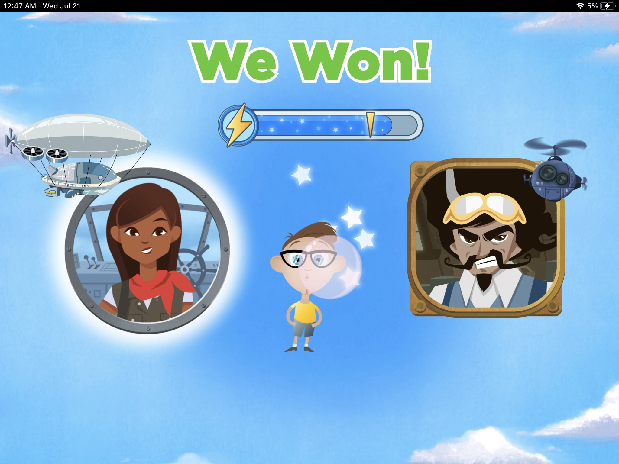 Amira gameplay win state celebrating student progress and achievement