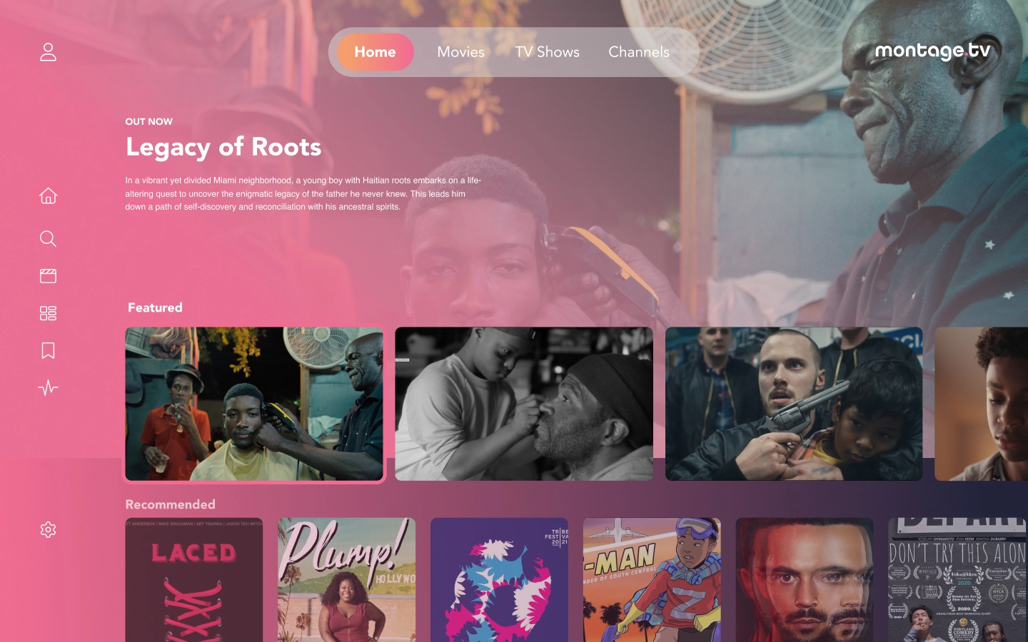 Montage.tv streaming interface — featured content, discovery rows, and branded home experience