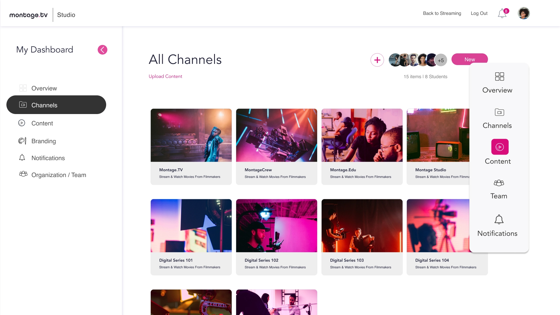 MontageCMS creator backend — catalog, channels, and programming control