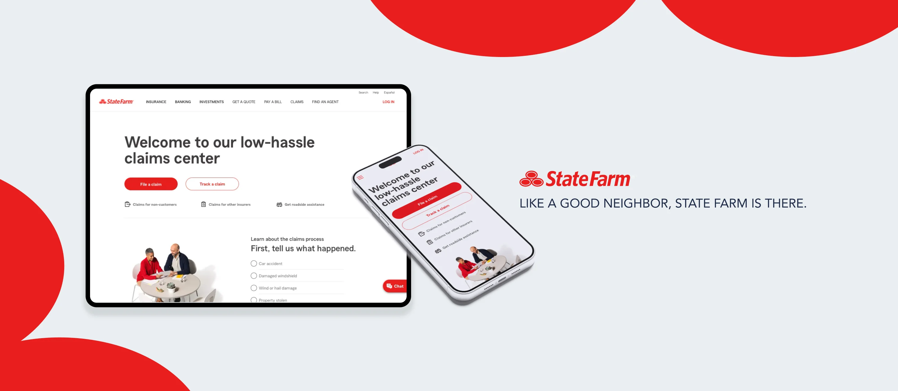 State Farm Claims full landing page design — desktop layout