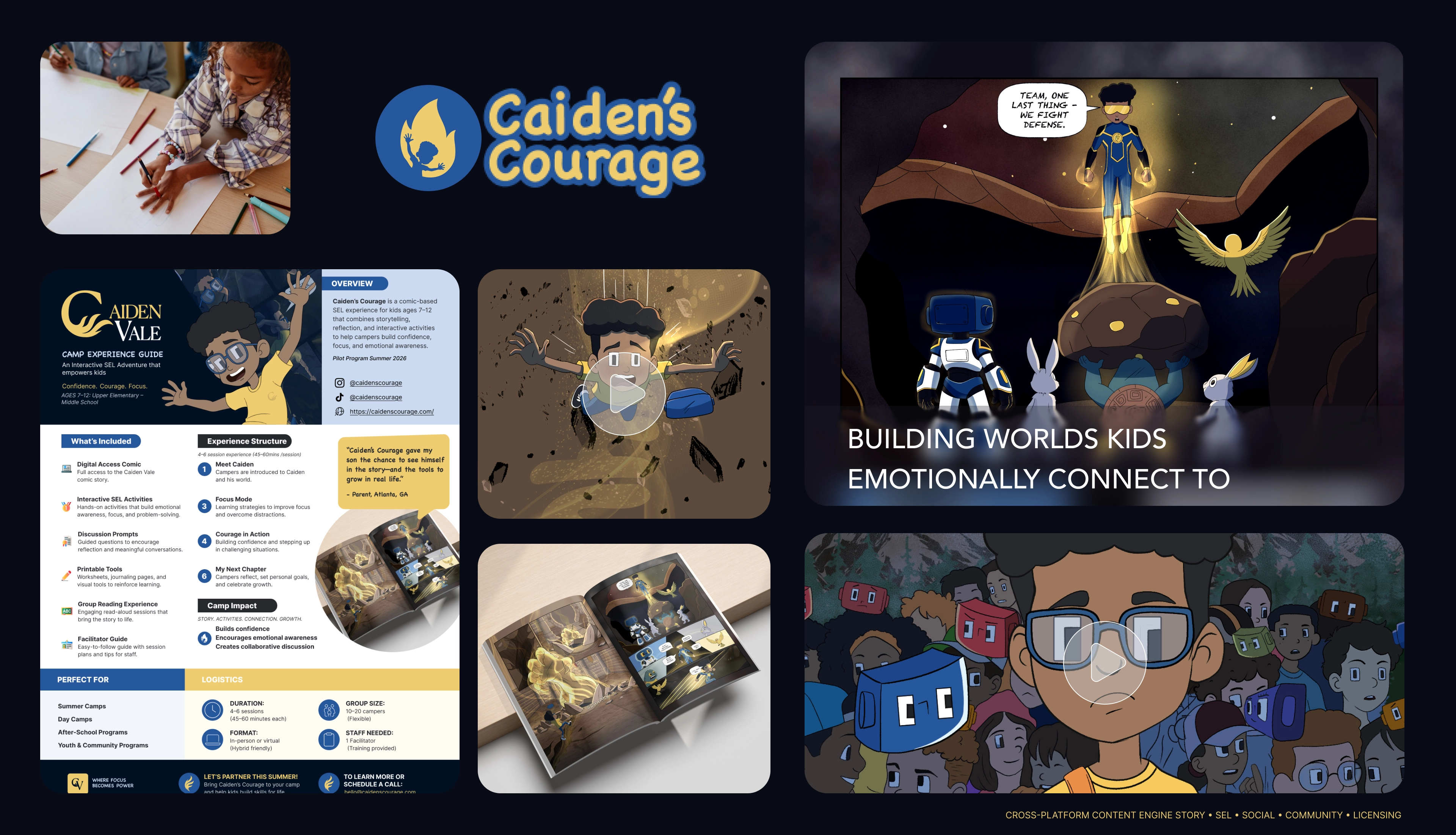 Caiden's Courage cross-platform content engine — social, video, classroom, digital, and community channels
