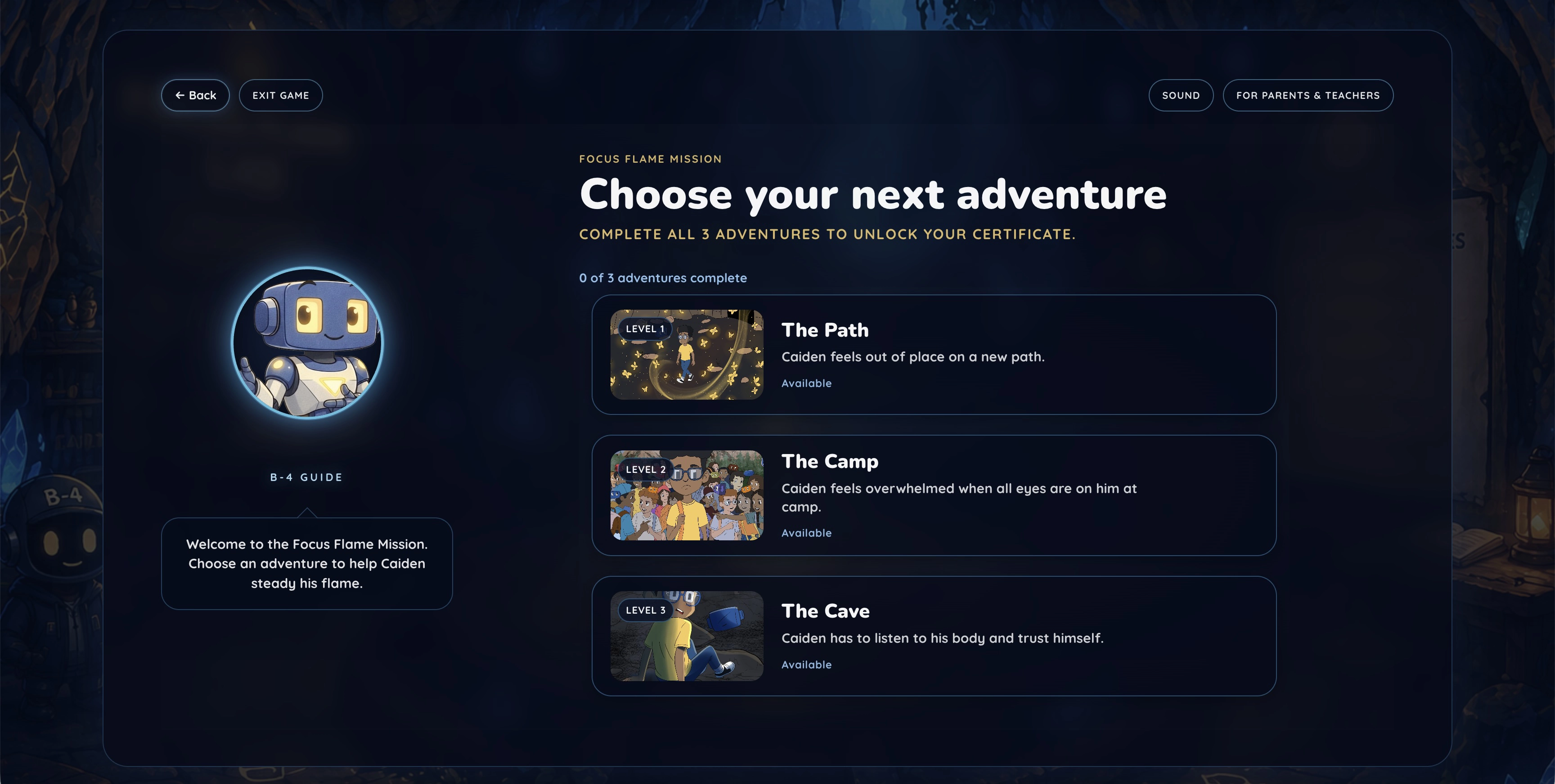 Caiden's Courage interactive choose-your-next-adventure platform interface