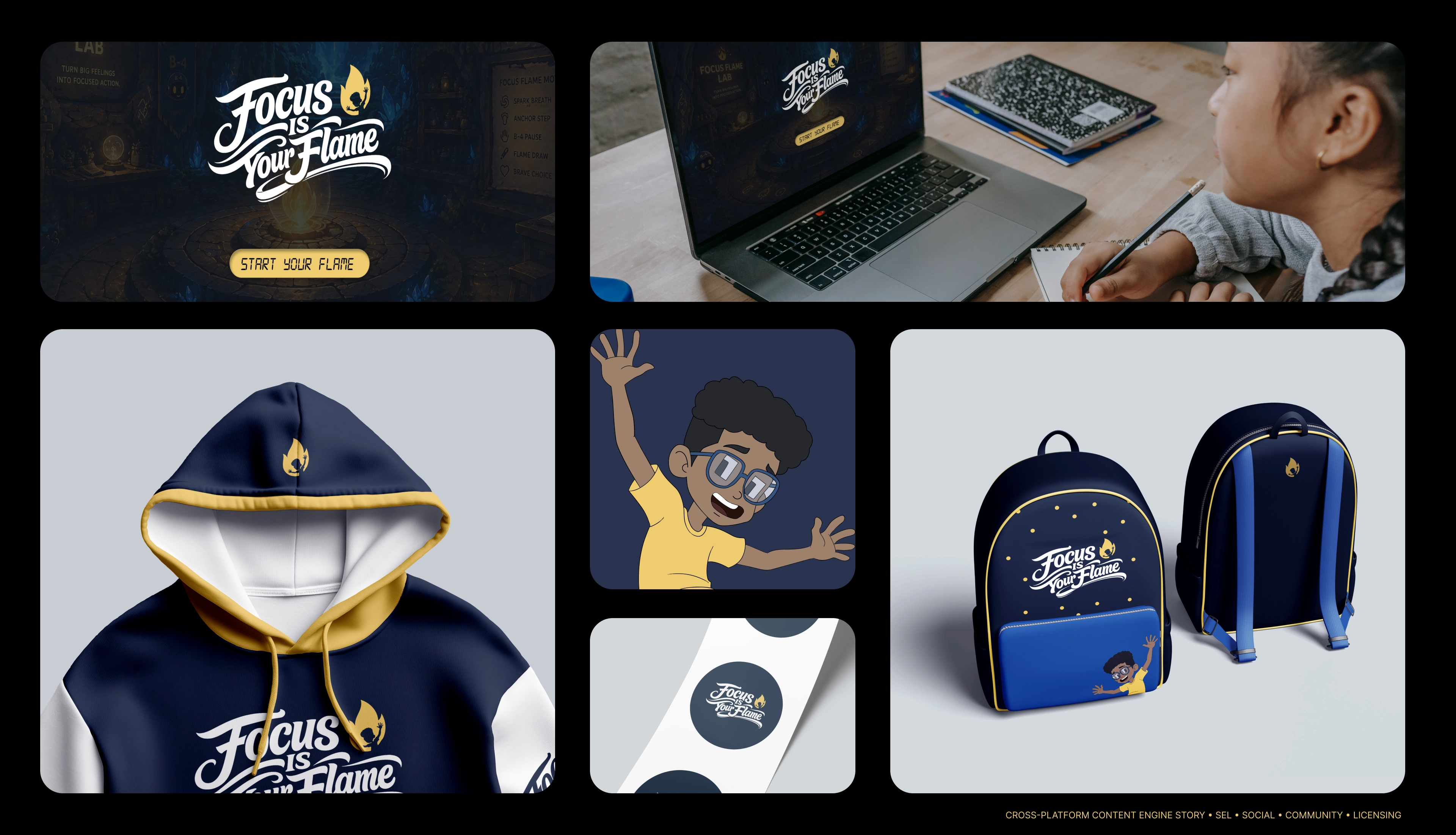 Caiden's Courage merchandise and culture mockups — campaign language as wearable identity